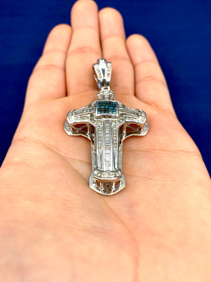 14k White Gold Aqua Cross Pendant