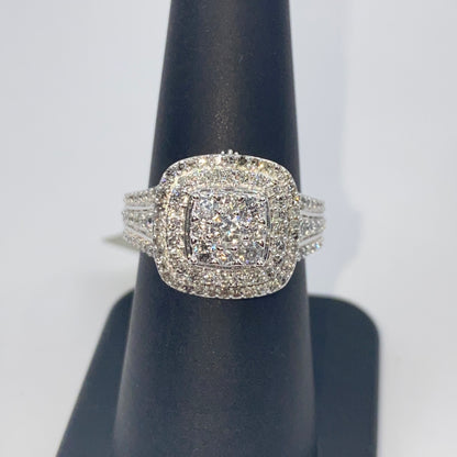 10K Square Large Stones Center Halo Diamond Engagement Ring
