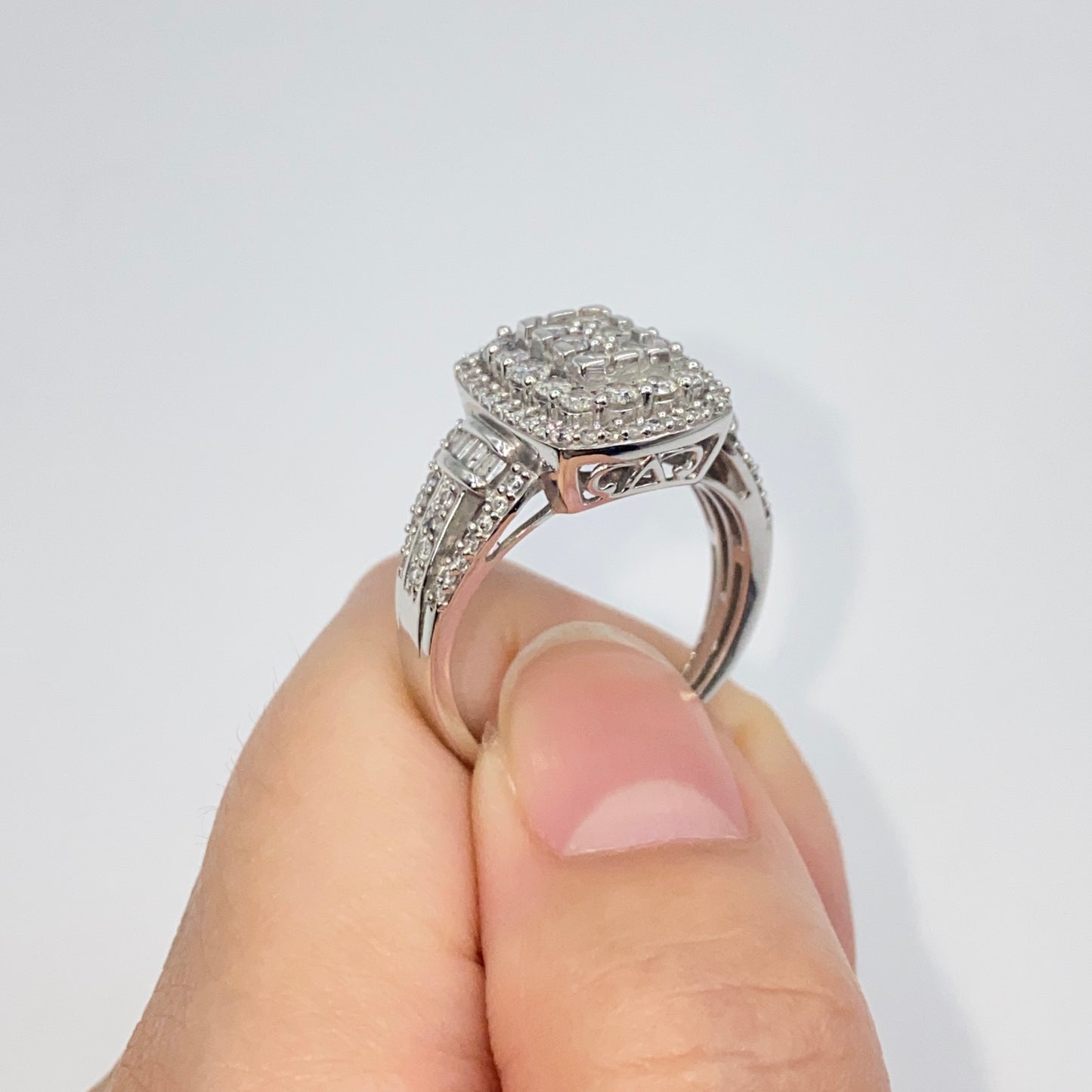 10K Rectangle Halo Diamond Baguette Engagement Ring