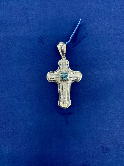 14k White Gold Aqua Cross Pendant