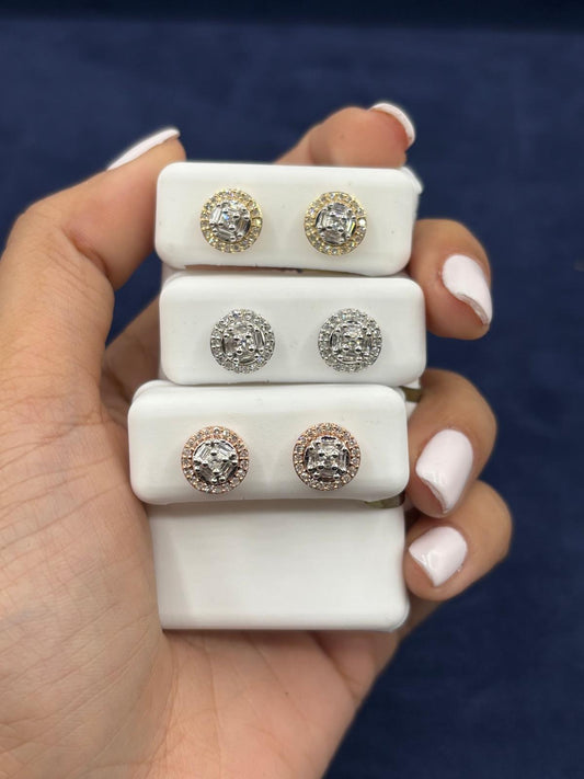 10k Baguette Halo Diamond Earrings