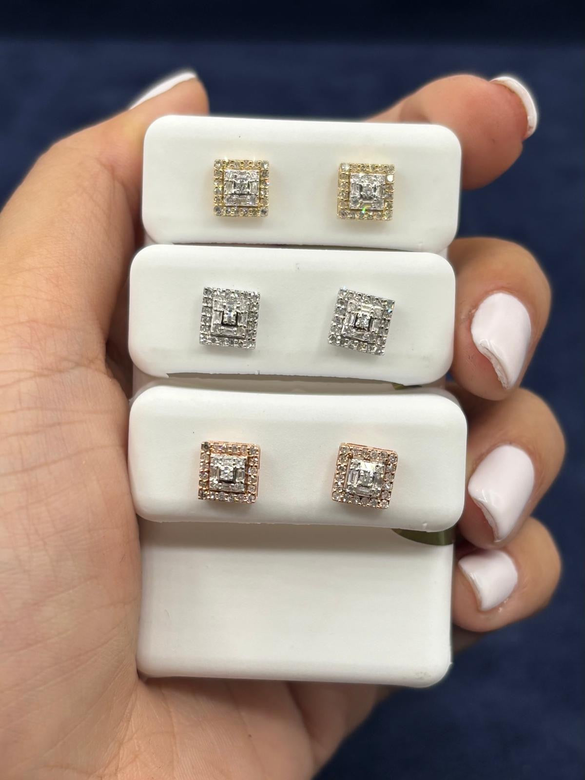 10k Square Layered Baguette Diamond Earrings