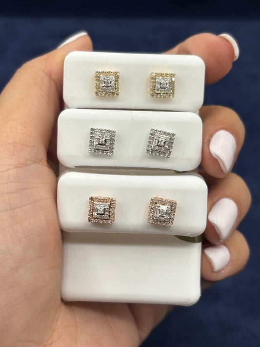 10k Square Layered Baguette Diamond Earrings