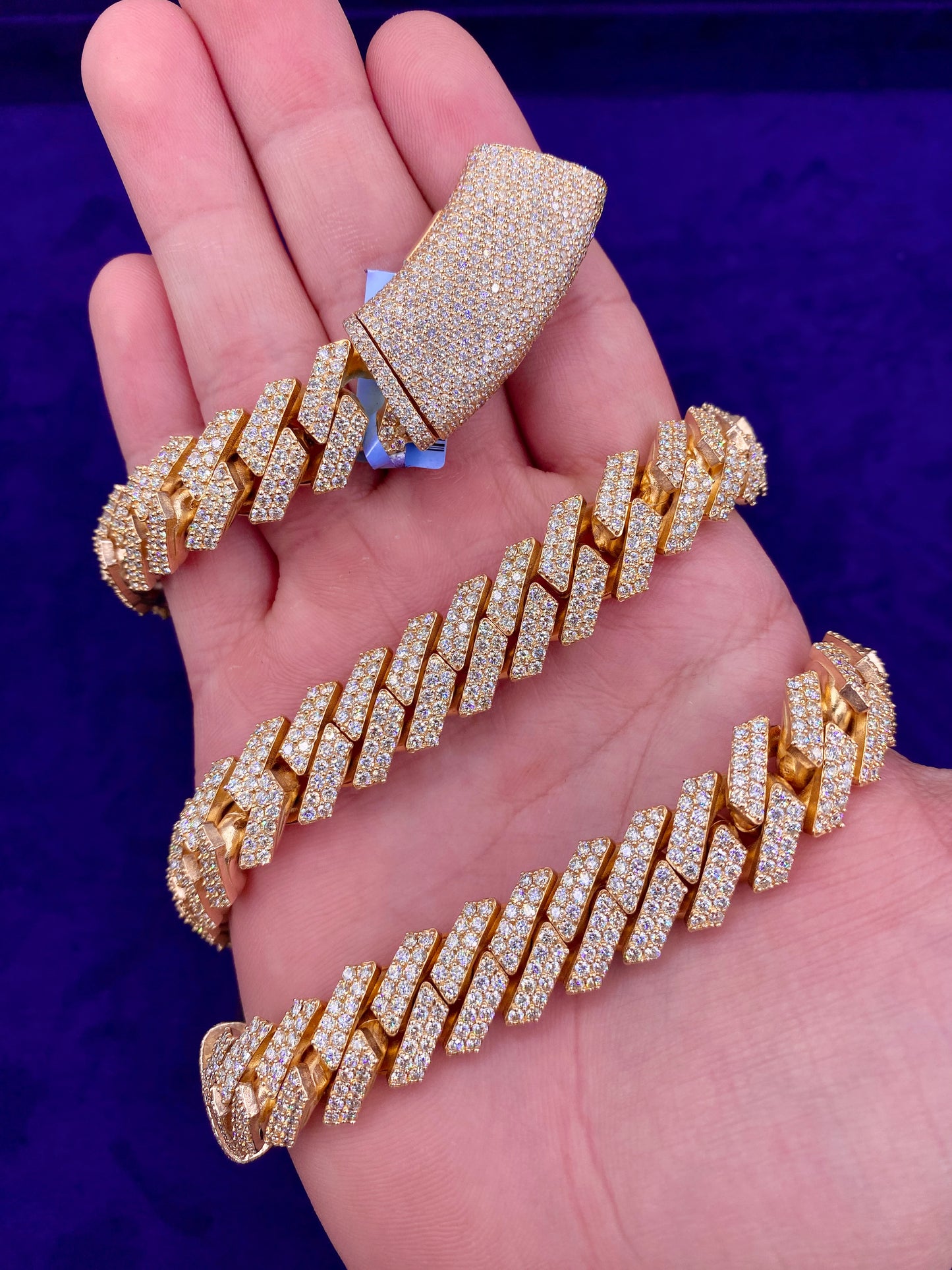 14k 14.8mm Gold Iced Out Cuban Chain 22”