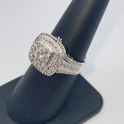 10K Square Large Stones Center Halo Diamond Engagement Ring