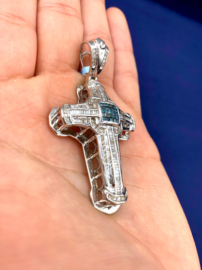 14k White Gold Aqua Cross Pendant