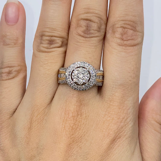 10K Circle Large Stones Center Diamond Baguette Engagement Ring