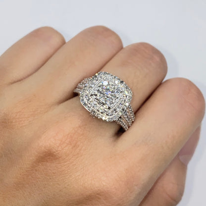 10K Square Large Stones Center Halo Diamond Engagement Ring