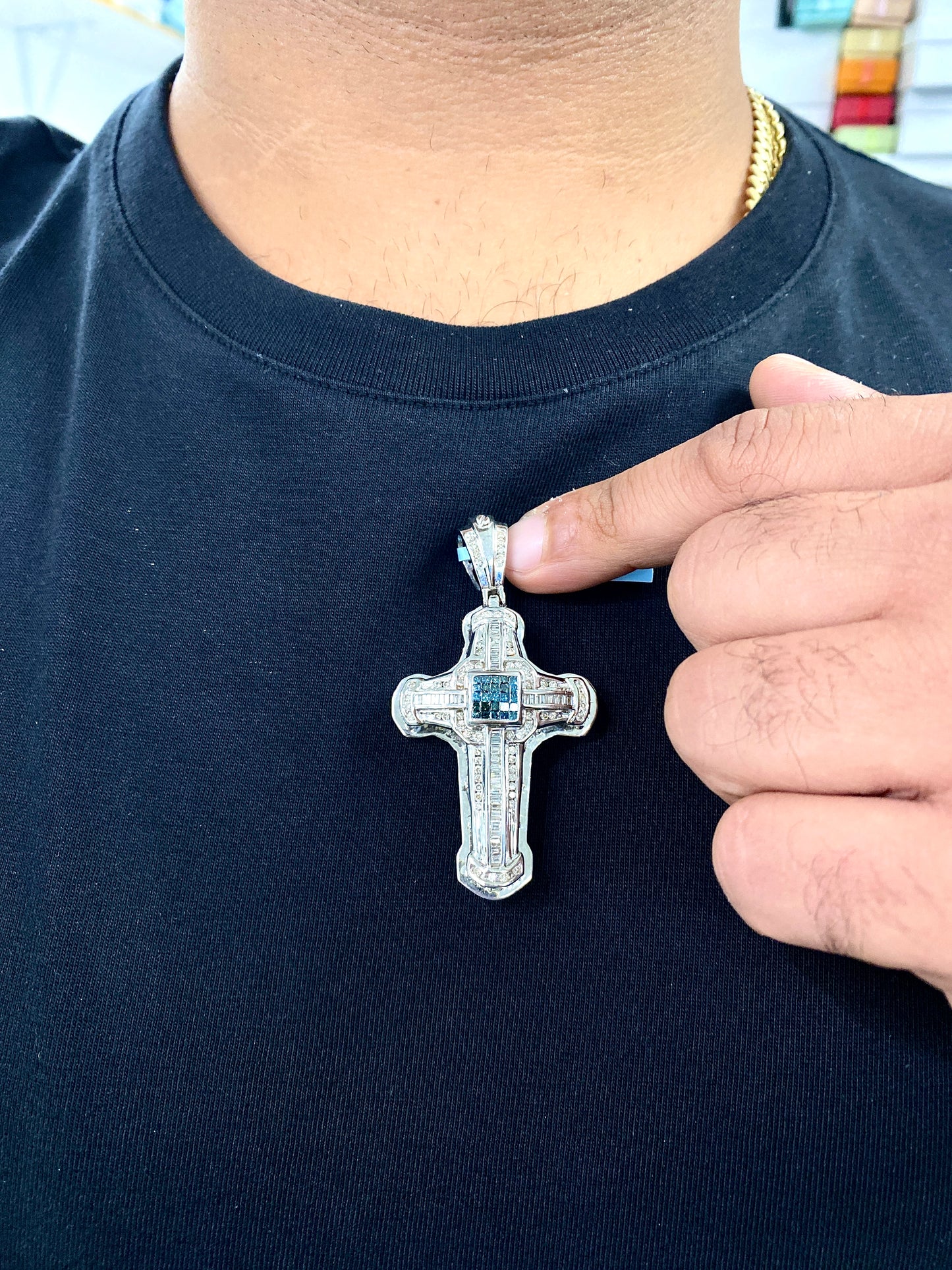 14k White Gold Aqua Cross Pendant