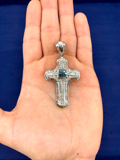 14k White Gold Aqua Cross Pendant