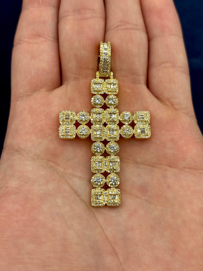 10k Double Row Baguette Diamond Cross Pendant