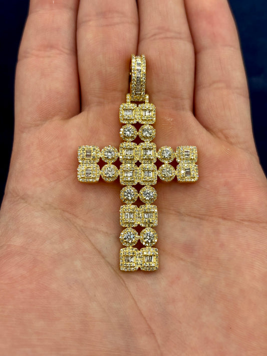 10k Double Row Baguette Diamond Cross Pendant