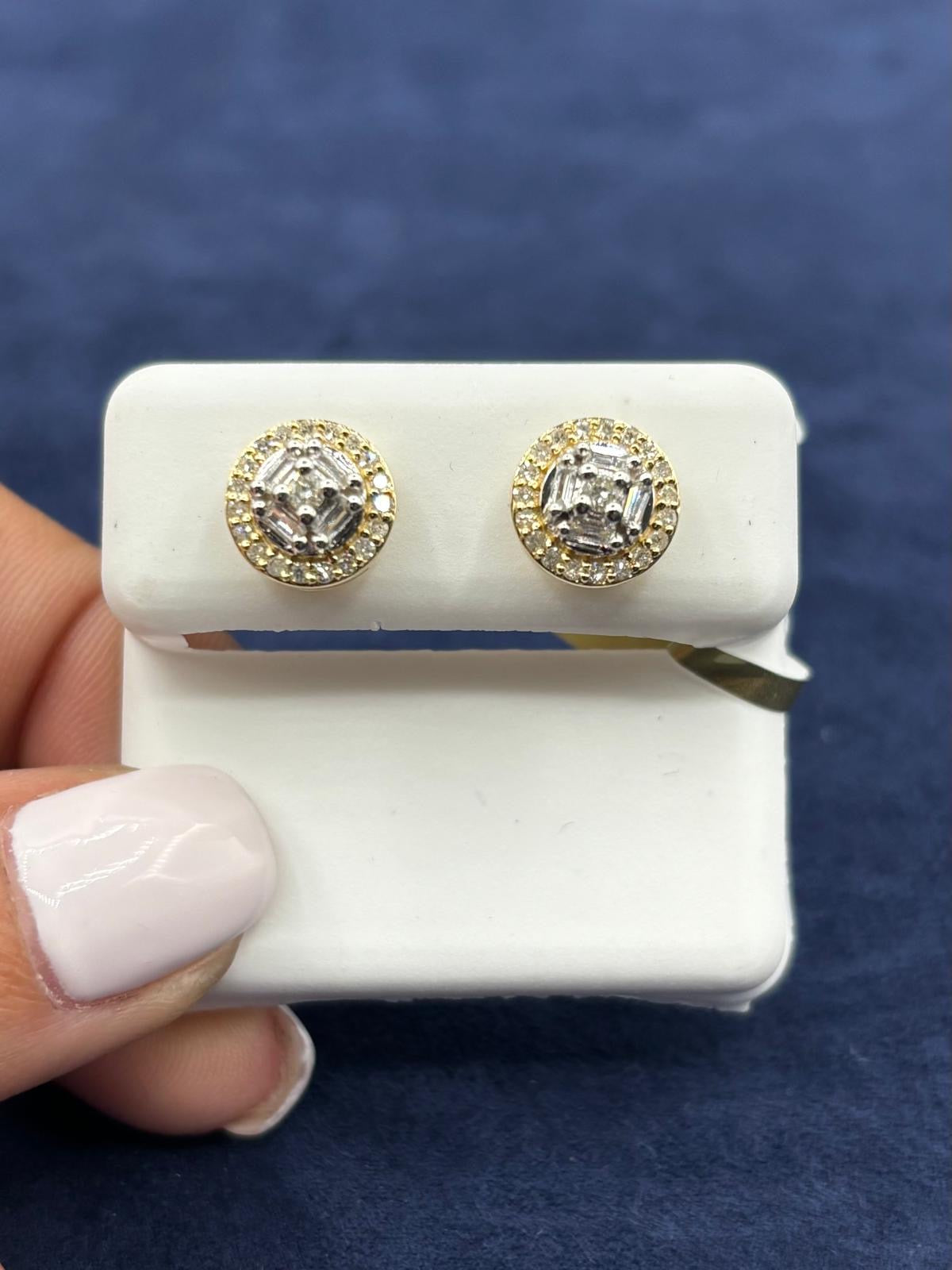 10k Baguette Halo Diamond Earrings