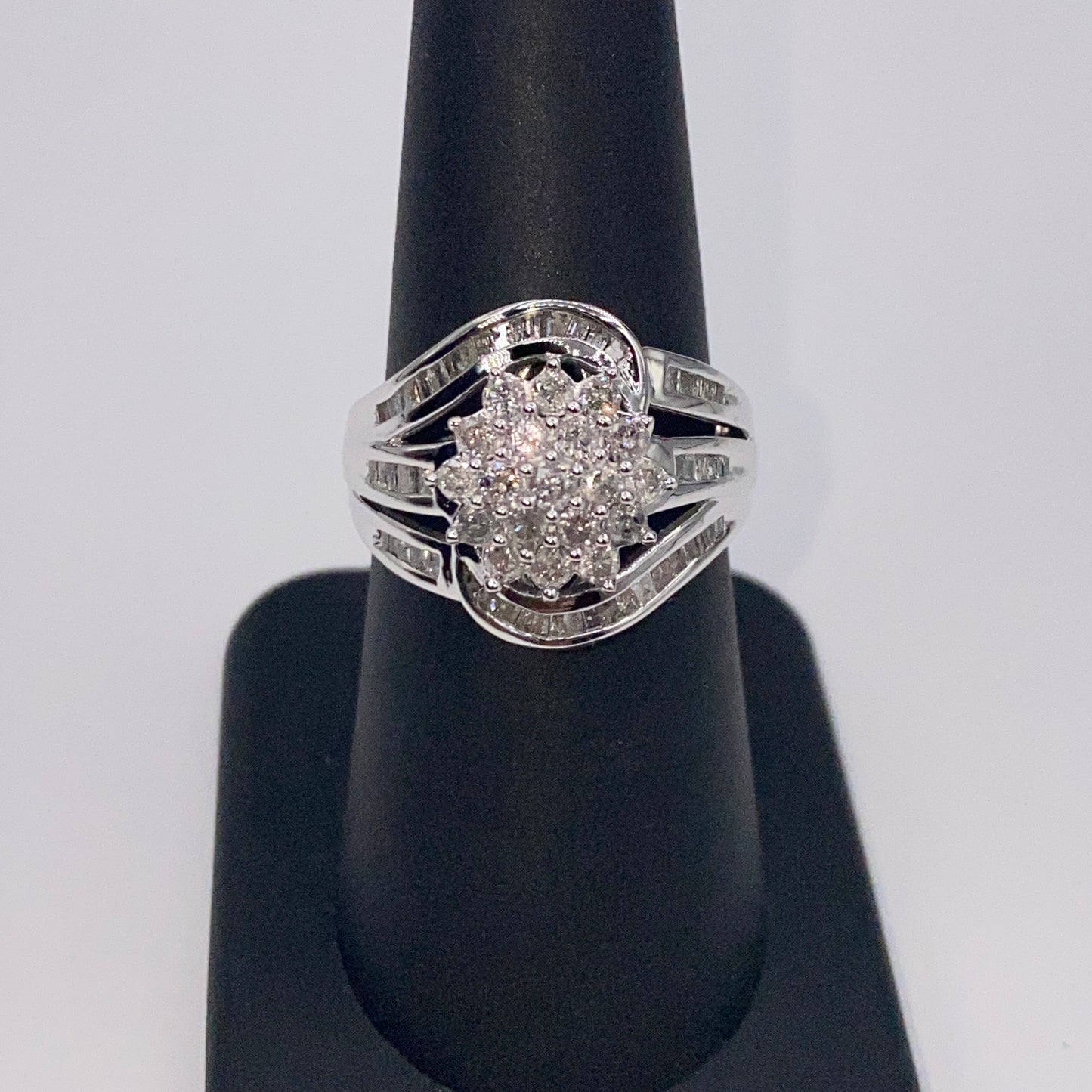 10K Flower Ribbon Diamond Baguette Ring