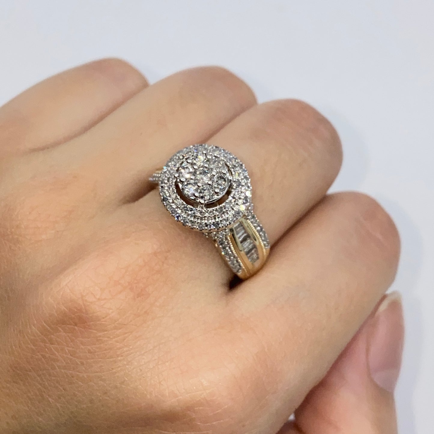 10K Circle Large Stones Center Diamond Baguette Engagement Ring