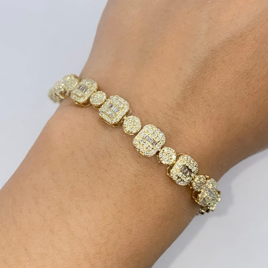 10K 7.5MM Square Circle Diamond Baguette Bracelet 8"