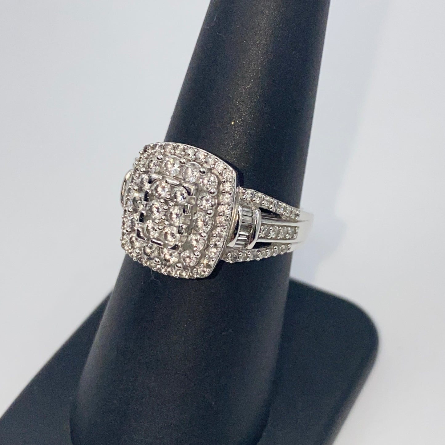 10K Rectangle Halo Diamond Baguette Engagement Ring