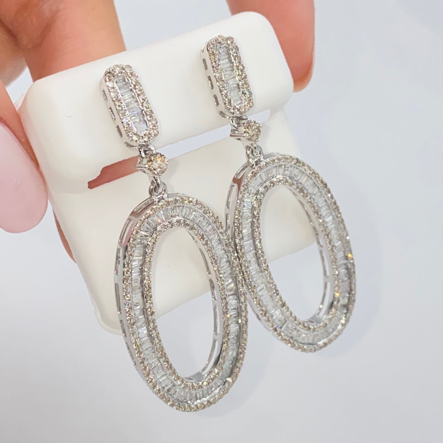 14K Circle Dangling Diamond Baguette Earrings