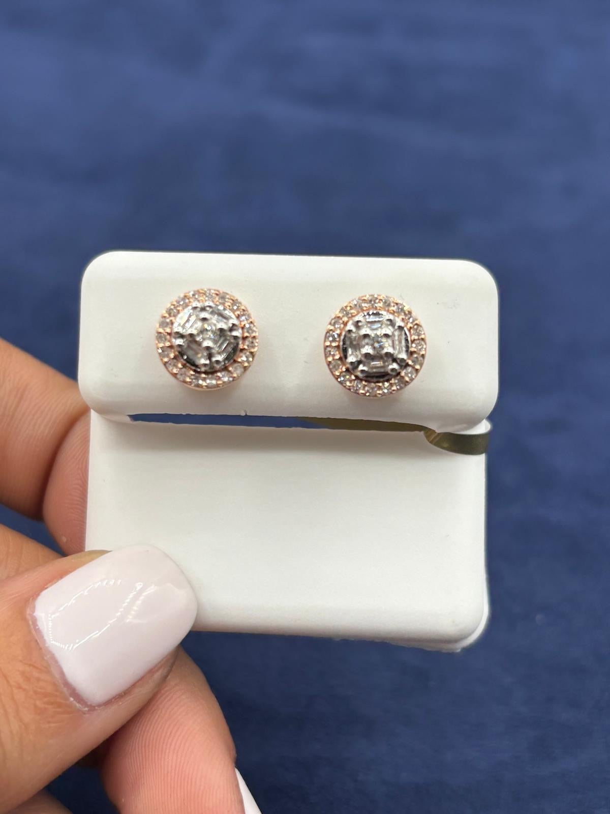 10k Baguette Halo Diamond Earrings