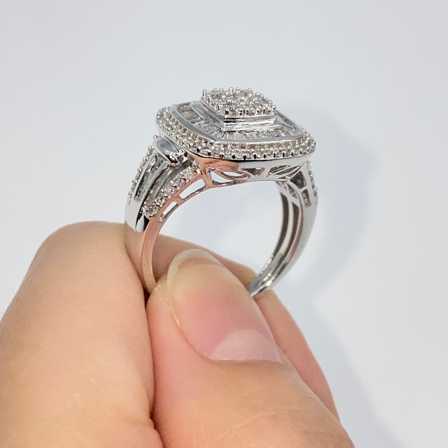 10K Large Stone Center Square Halo Diamond Baguette Engagement Ring