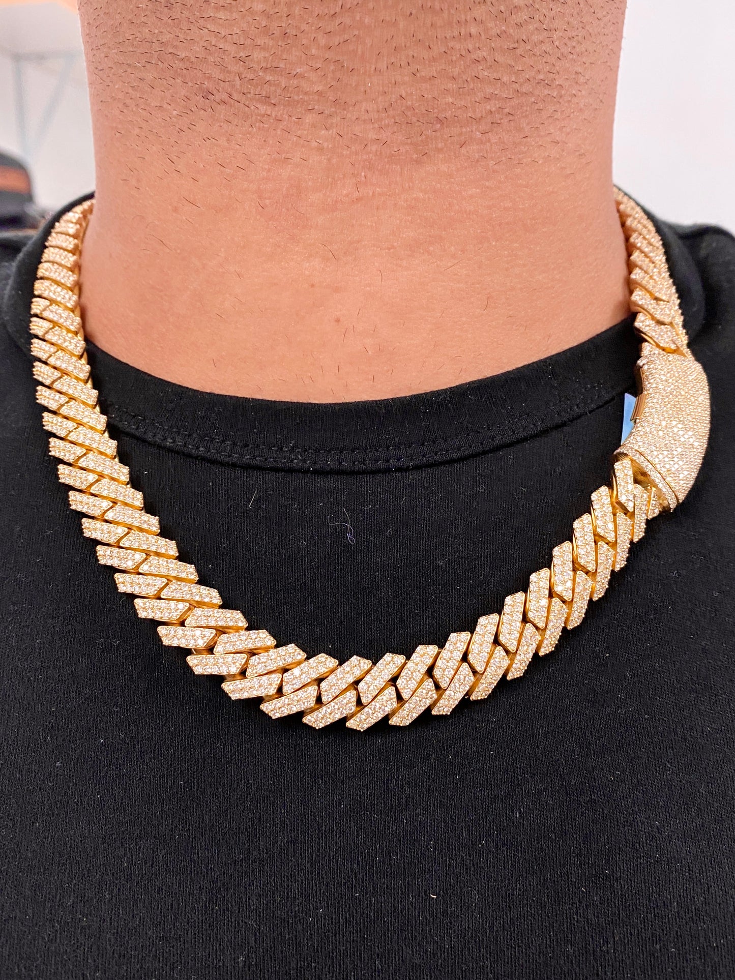 14k 14.8mm Gold Iced Out Cuban Chain 22”