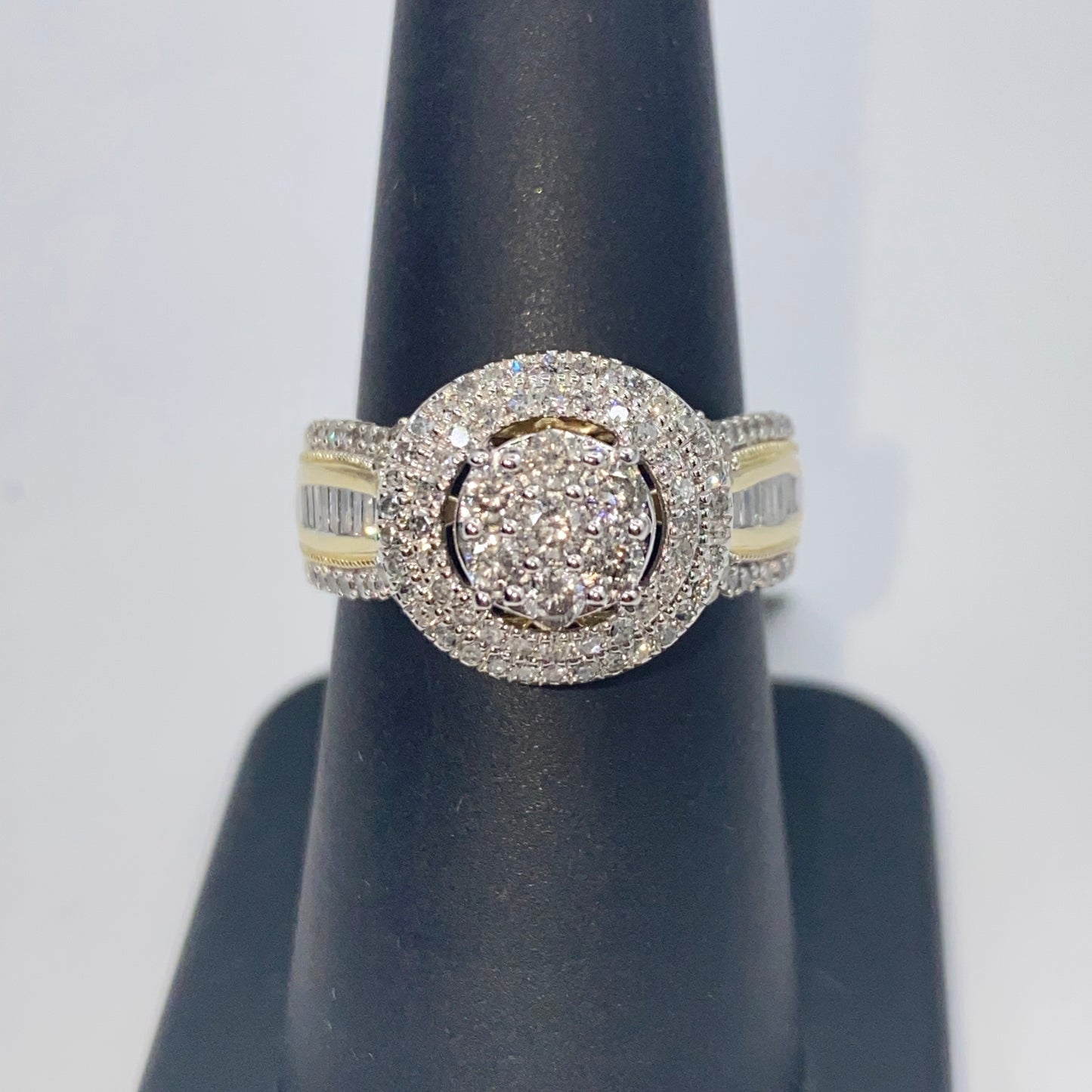 10K Circle Large Stones Center Diamond Baguette Engagement Ring