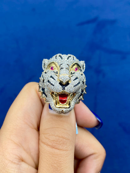 14K White Tiger Enamel Diamond Ring