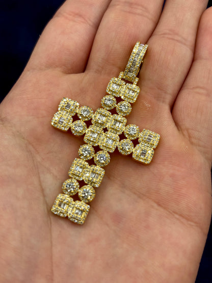 10k Double Row Baguette Diamond Cross Pendant