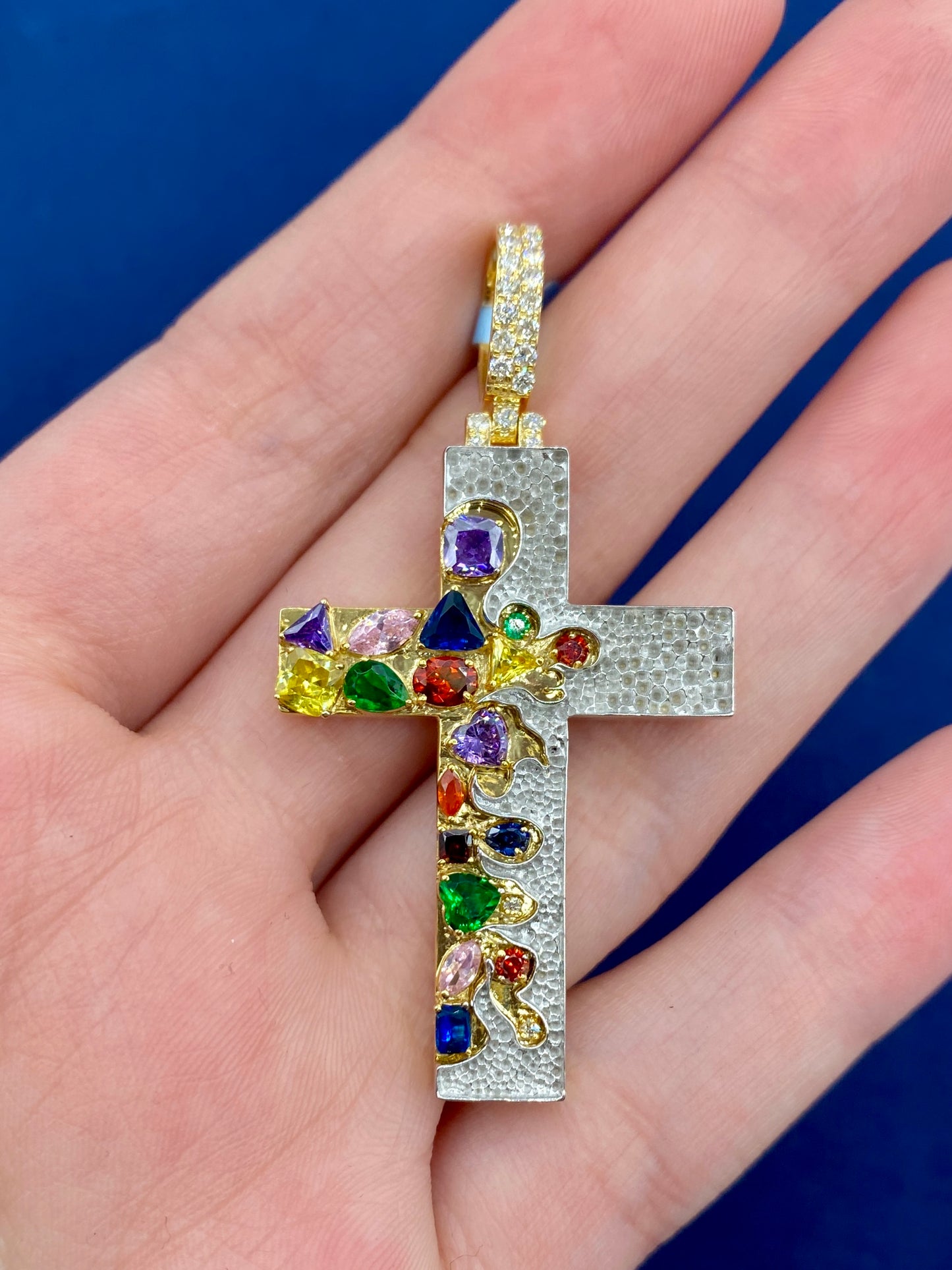 14K Multi Colored Stones and Diamond Cross Pendant