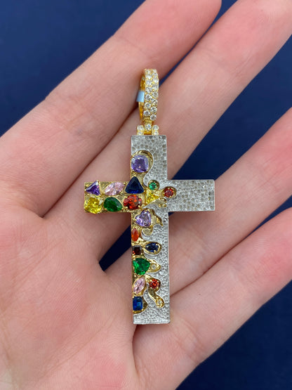 14K Multi Colored Stones and Diamond Cross Pendant