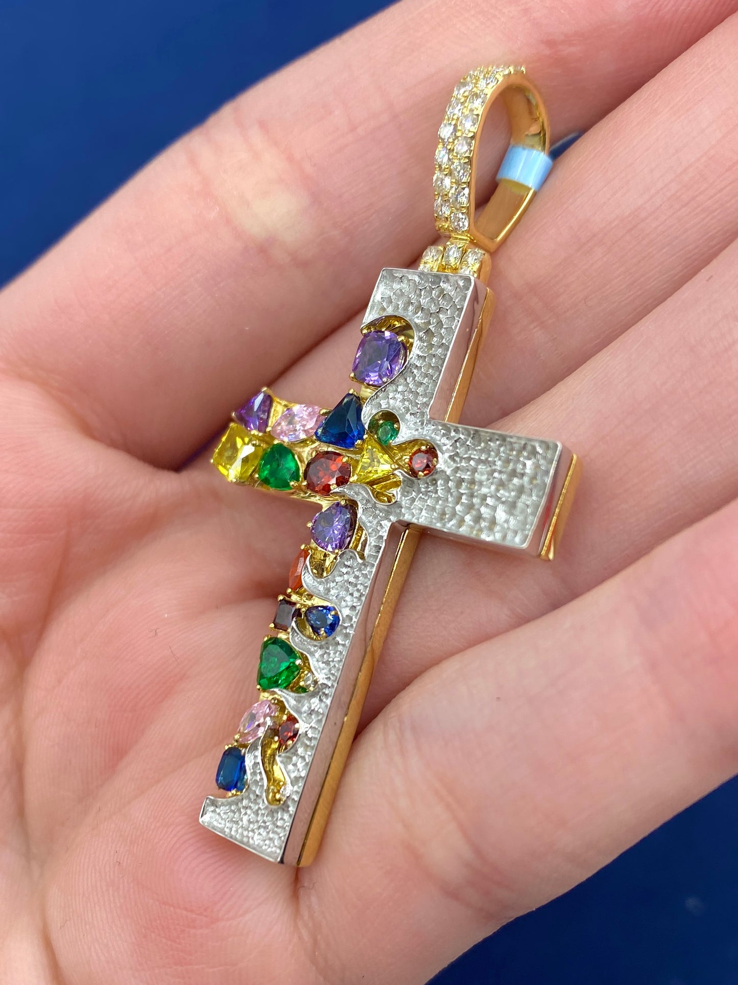 14K Multi Colored Stones and Diamond Cross Pendant