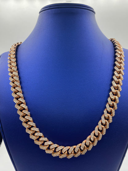 10K Rose Gold & Diamonds Cuban Link Chain 14mm