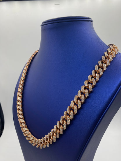 10K Rose Gold & Diamonds Cuban Link Chain 14mm