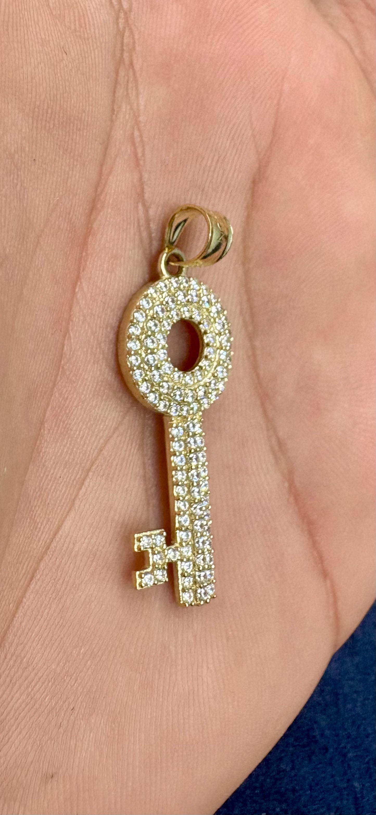 10K Gold White Sapphire Stone Key Pendant