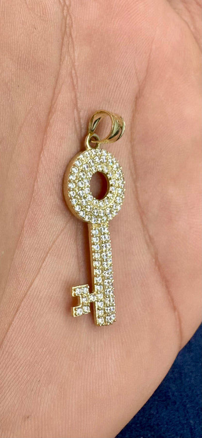 10K Gold White Sapphire Stone Key Pendant