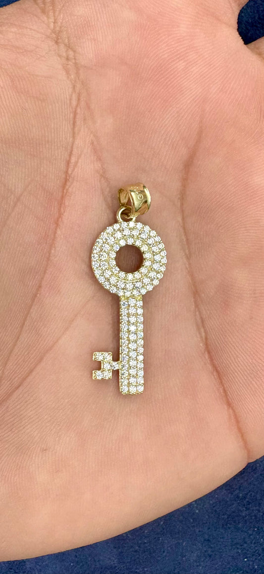 10K Gold White Sapphire Stone Key Pendant