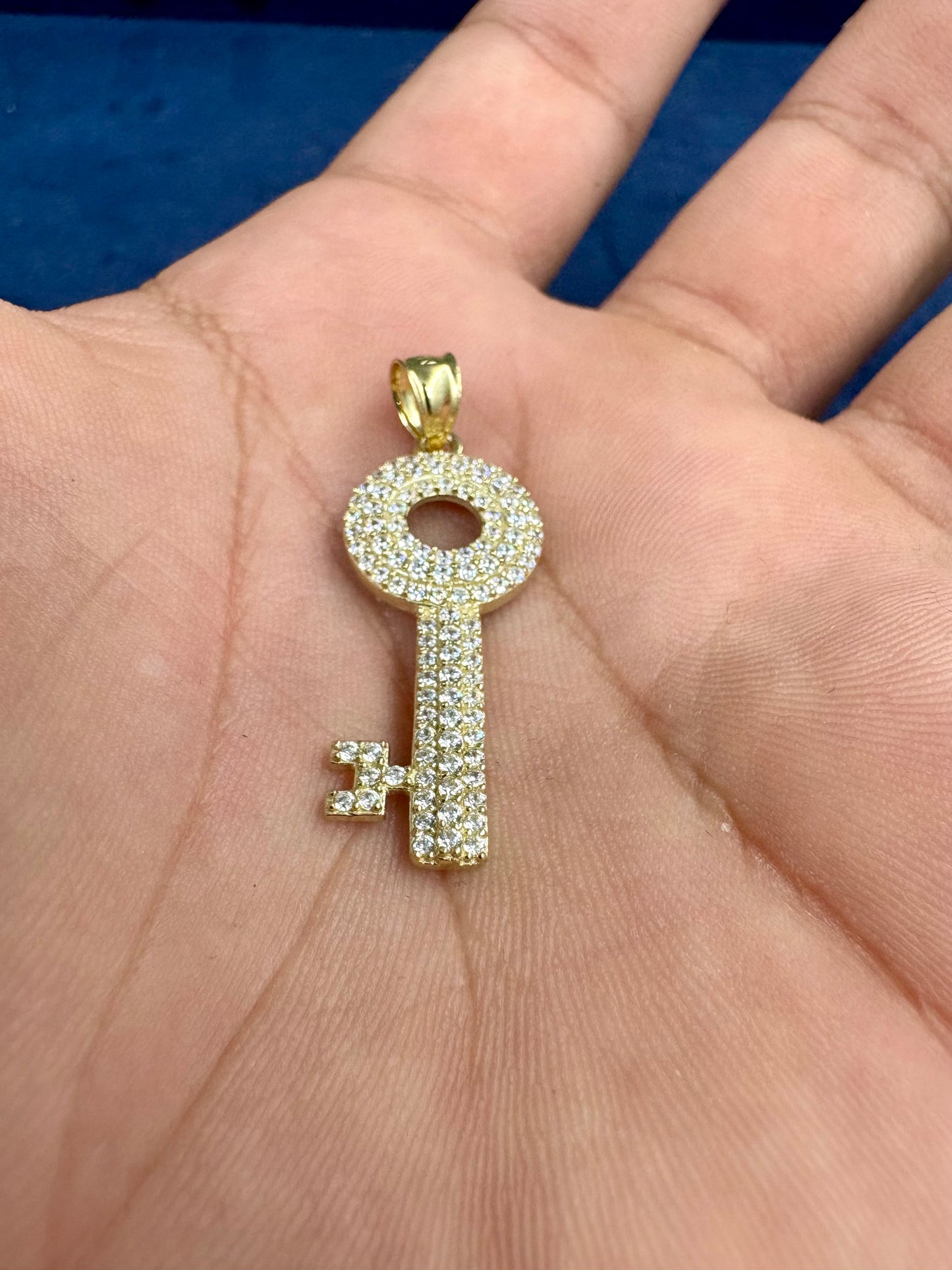 10K Gold White Sapphire Stone Key Pendant