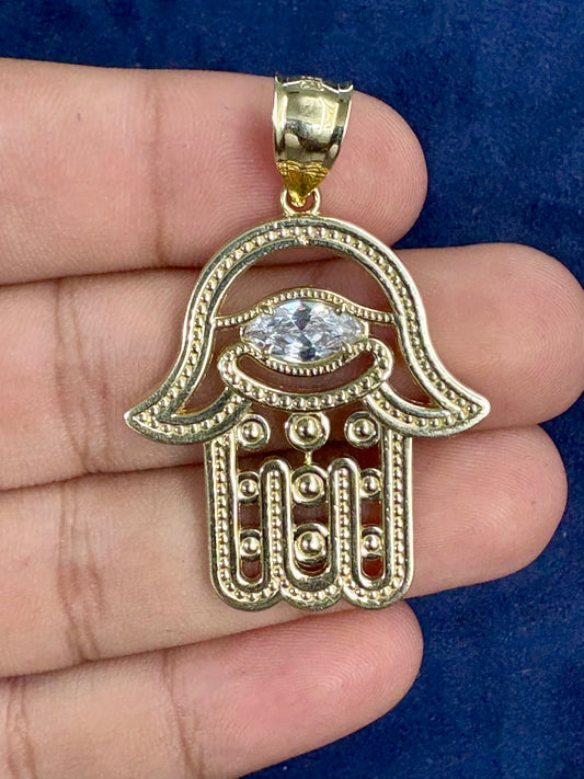 10K Gold Hamsa Pendant with White Sapphire Stone
