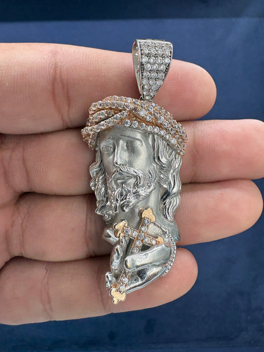 14K White Gold and Sapphire Stone Jesus Pendant