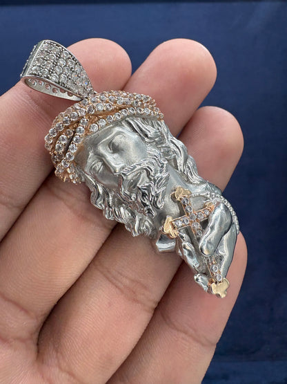 14K White Gold and Sapphire Stone Jesus Pendant