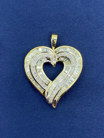 10K Triple-Row Baguette Heart Pendants