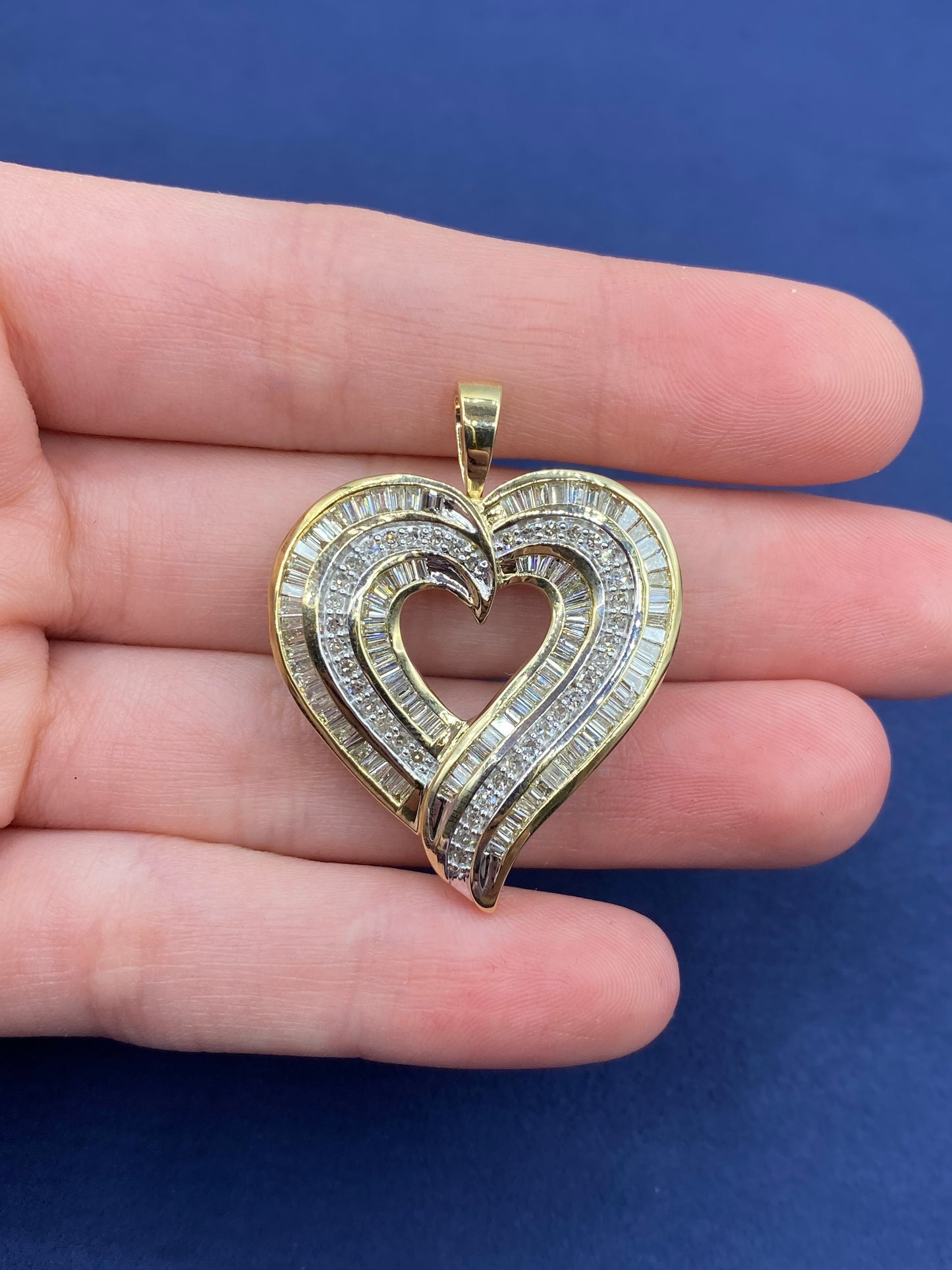 10K Triple-Row Baguette Heart Pendants