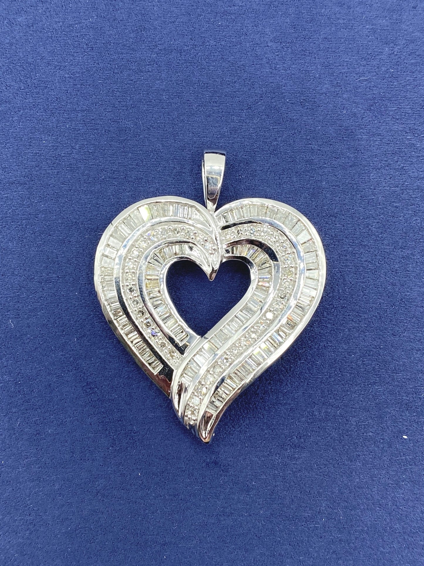 10K Triple-Row Baguette Heart Pendants