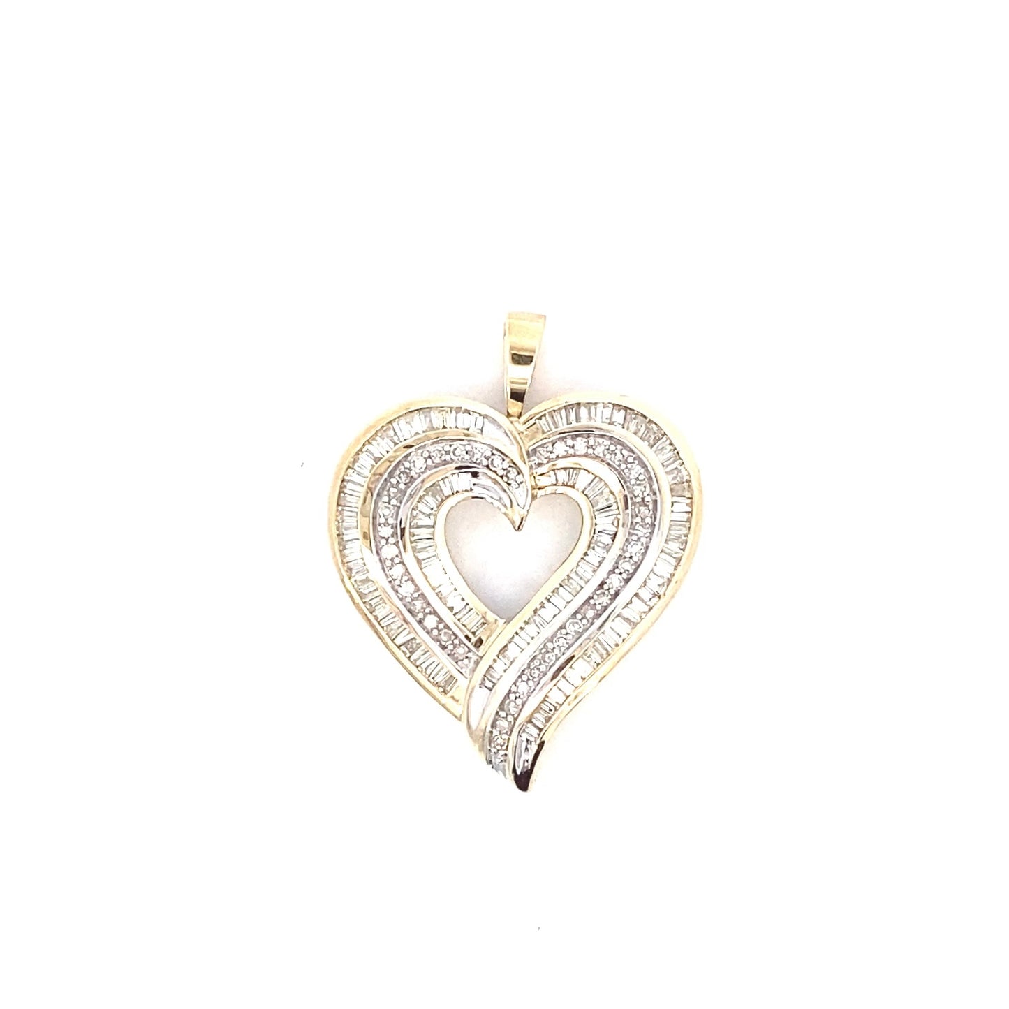 10K Triple-Row Baguette Heart Pendants