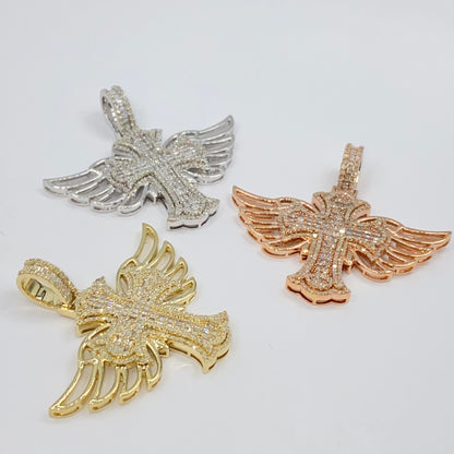 10K Angel Wings Cross Diamond Baguette Pendant