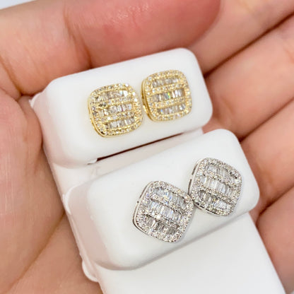 14K 8.7MM Rounded Square Baguette Diamond Earrings