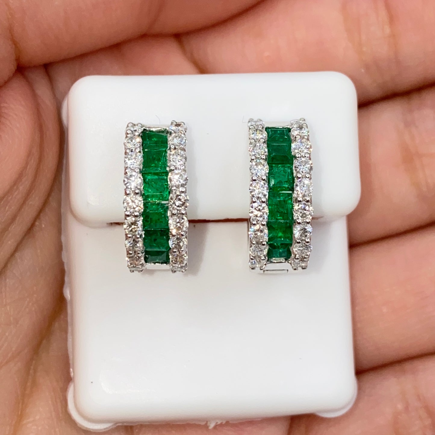 18K Emerald Hoop Diamond Earrings