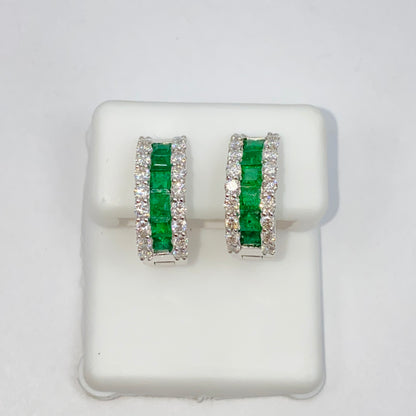 18K Emerald Hoop Diamond Earrings