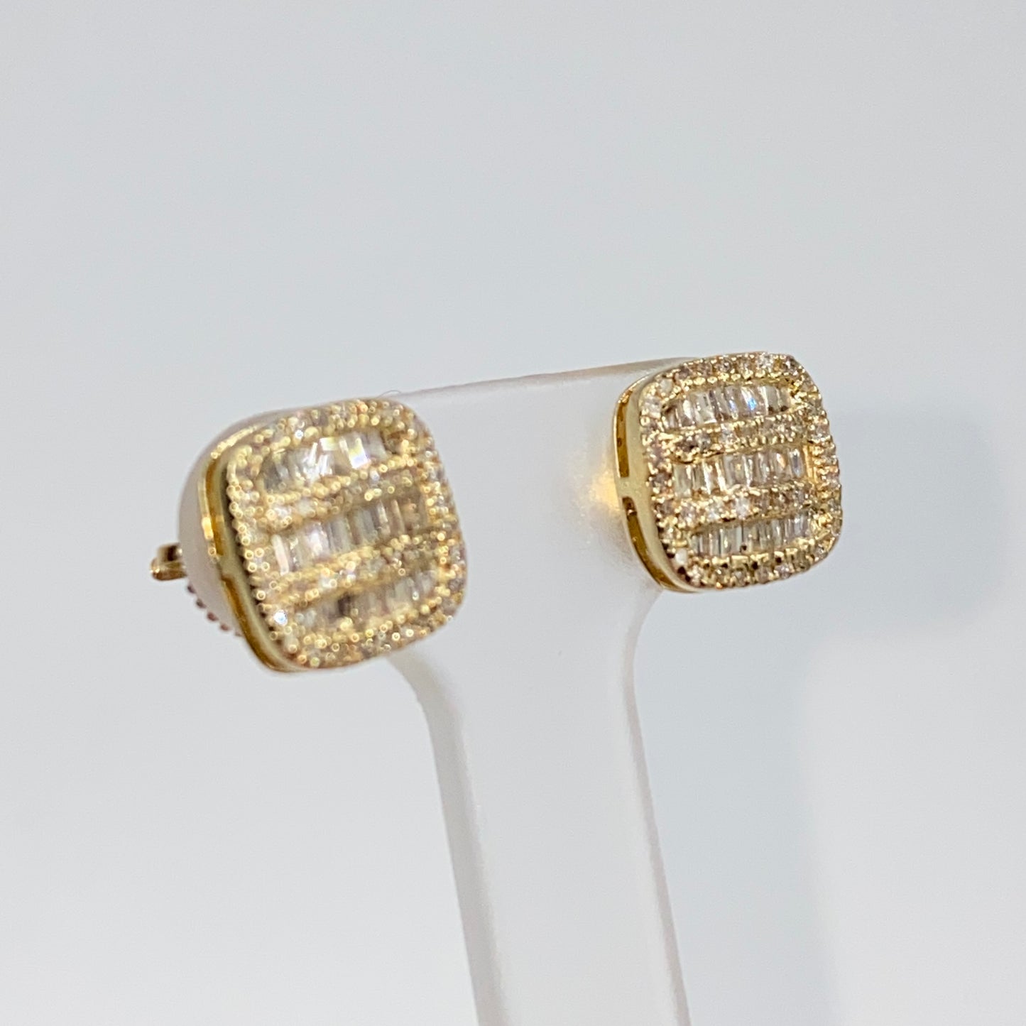 14K 8.7MM Rounded Square Baguette Diamond Earrings