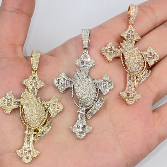 10K Prayer Cross Diamond Baguette Pendant
